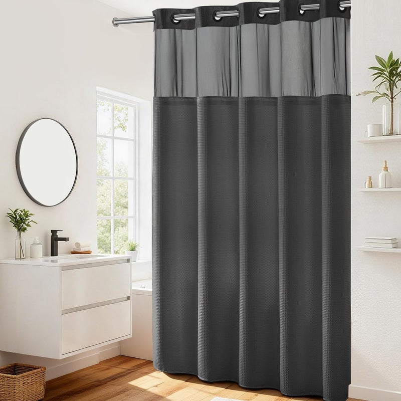 River Dream Heavyweight No Hooks Required Dotted Waffle Weave Shower Curtain with Snap in Liner -Extra Long 71W x 86H,Hotel Grade,Spa Like Bath Curtain,Graphite Grey - Image 1